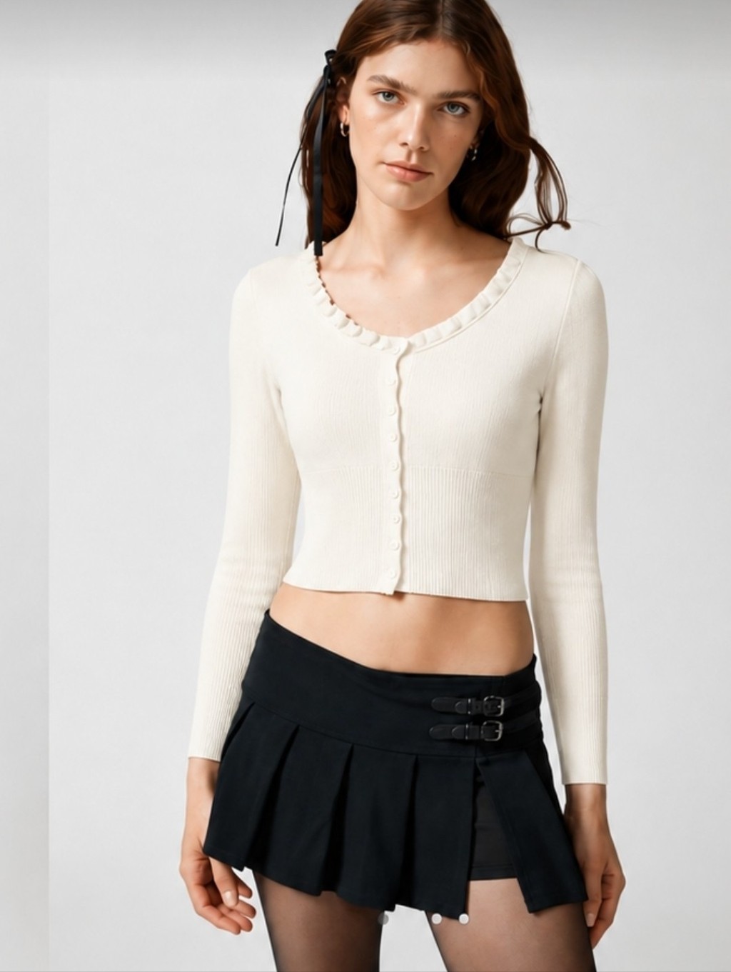 Urban Outfitters Cream Ruffle-Trim Button-Up Cardigan